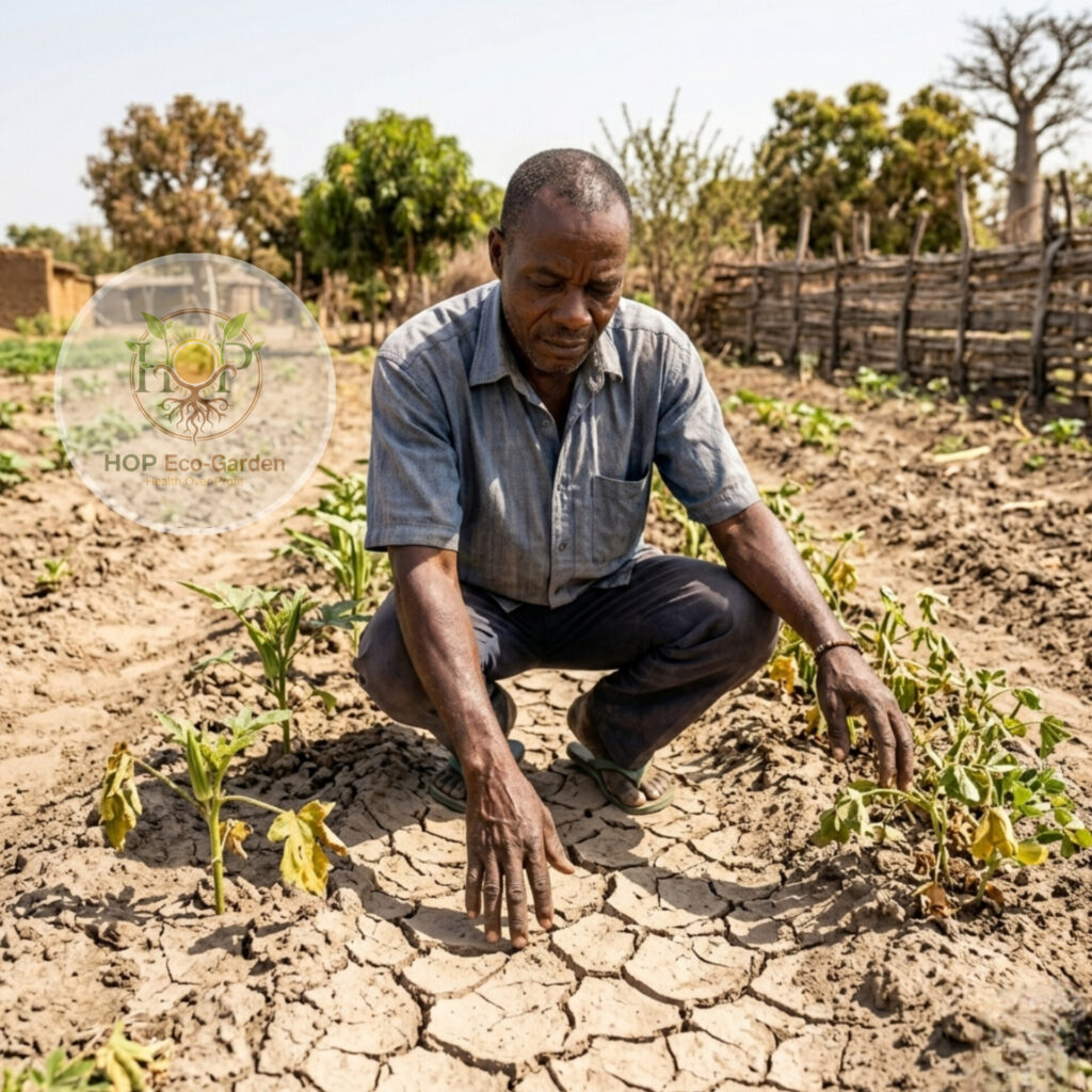 African farmer examining dry cracked soil beside weak crops under warm sunlight in a rural farm environment.