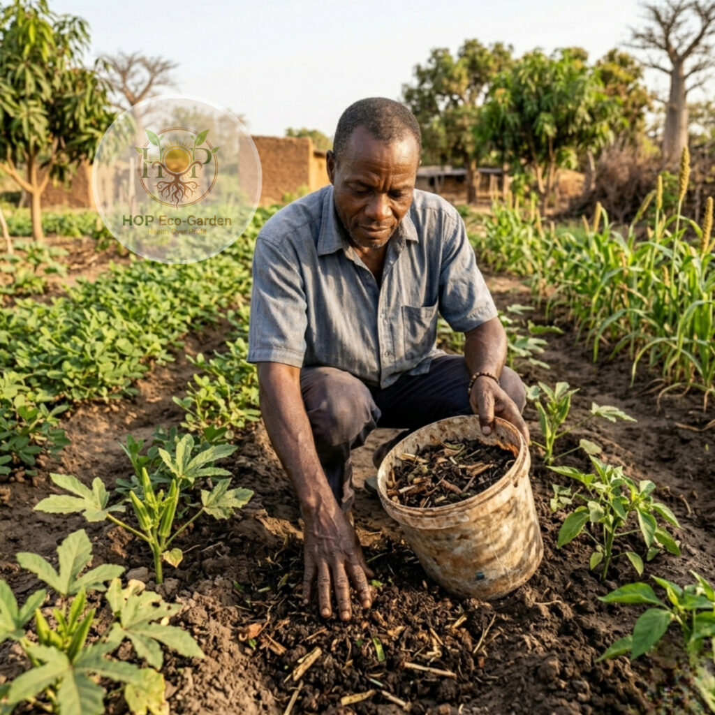African farmer applying compost and organic matter carefully around crops in a healthy organic garden.