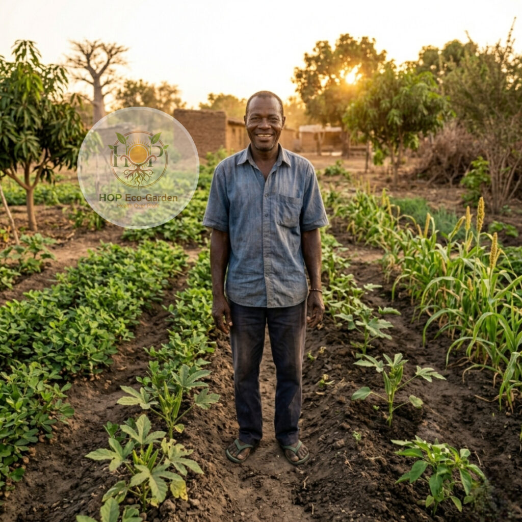Healthy African farmer standing inside a thriving organic vegetable garden with dark healthy soil and vibrant crops during warm sunset lighting.
