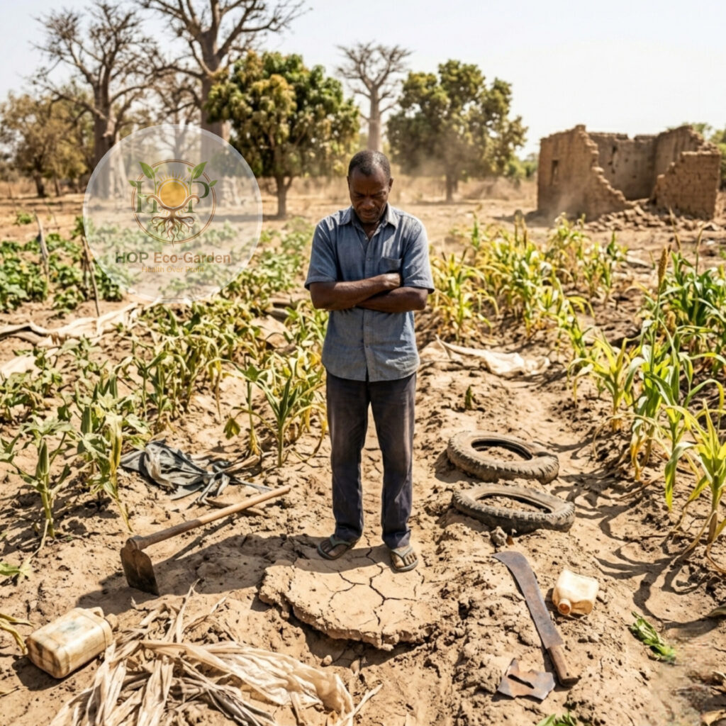 African farmer standing in a disorganized farm with dry areas, scattered tools, and stressed crops under harsh sunlight.