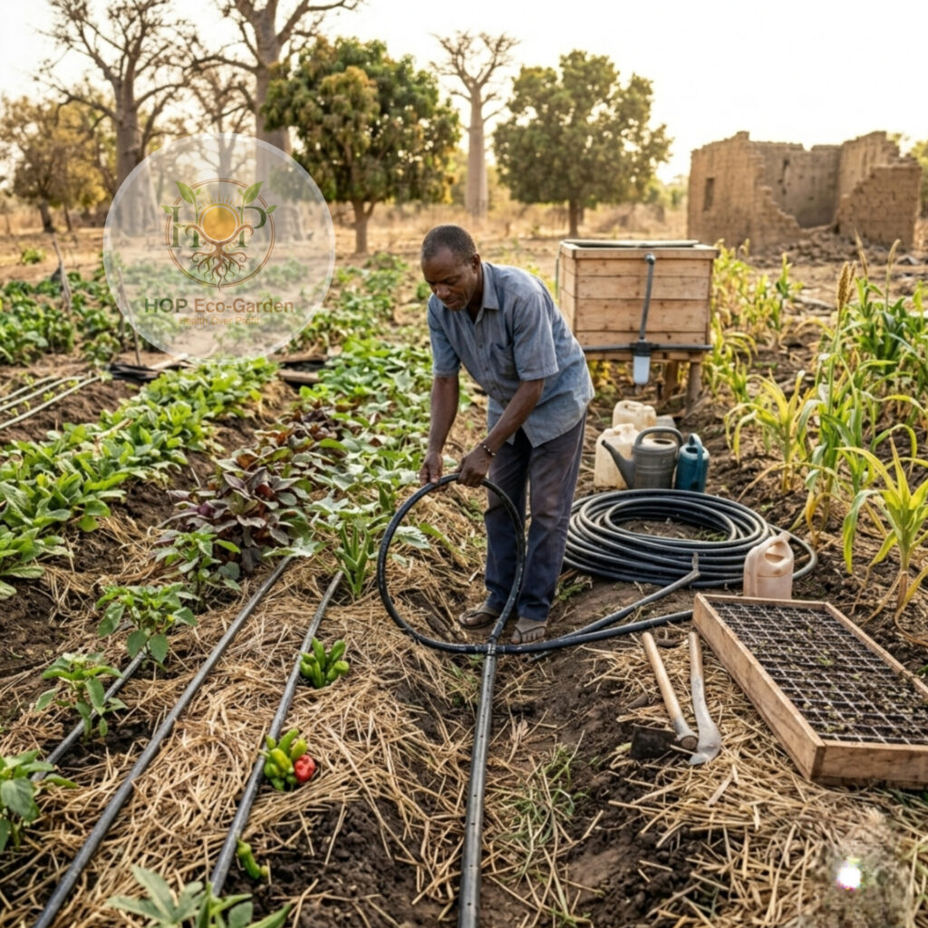African organic farmer carefully organizing irrigation pipes, mulch, and watering systems in a structured rural garden.