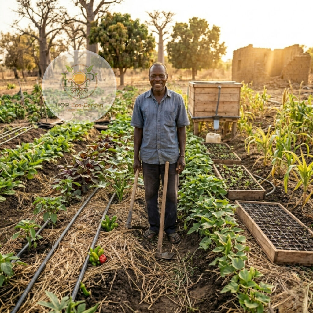 Healthy organized organic farm in The Gambia with structured crop rows, mulch, irrigation, and a confident African farmer during warm sunset lighting.